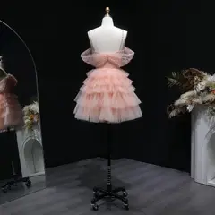 Peach Pink Tiered Tulle Homecoming Dress with 3D Floral Off-Shoulder — view 10