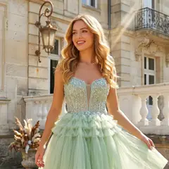 Mint Green Short Homecoming Dress Ball Gown Tulle Tiered Homecoming Dress — view 2