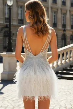 Modest Luxury Sequined Feather Sheath Homecoming Dress — view 3