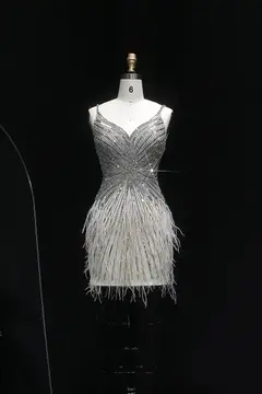Modest Luxury Sequined Feather Sheath Homecoming Dress — view 4