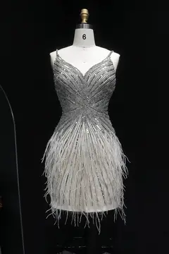 Modest Luxury Sequined Feather Sheath Homecoming Dress — view 5