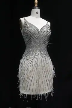 Modest Luxury Sequined Feather Sheath Homecoming Dress — view 6