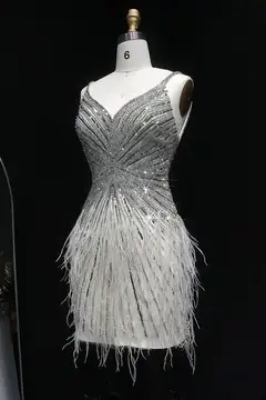 Modest Luxury Sequined Feather Sheath Homecoming Dress — view 7