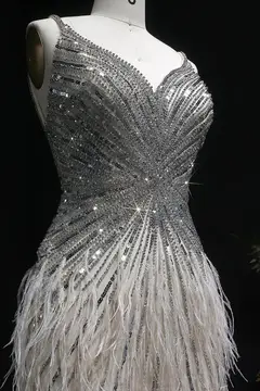 Modest Luxury Sequined Feather Sheath Homecoming Dress — view 8