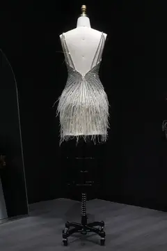 Modest Luxury Sequined Feather Sheath Homecoming Dress — view 10