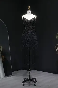 Modest Luxury Sequined Feather Sheath Homecoming Dress — view 15
