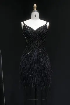 Modest Luxury Sequined Feather Sheath Homecoming Dress — view 16