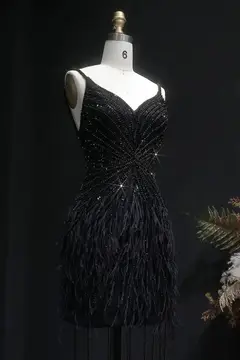 Modest Luxury Sequined Feather Sheath Homecoming Dress — view 18