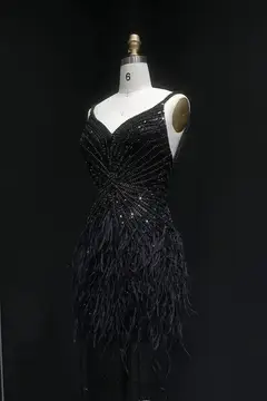 Modest Luxury Sequined Feather Sheath Homecoming Dress — view 19