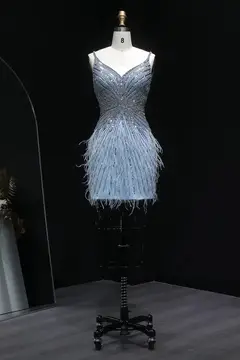 Modest Luxury Sequined Feather Sheath Homecoming Dress — view 25