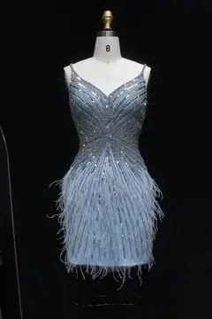 Modest Luxury Sequined Feather Sheath Homecoming Dress — view 26
