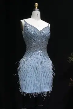 Modest Luxury Sequined Feather Sheath Homecoming Dress — view 27