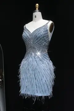 Modest Luxury Sequined Feather Sheath Homecoming Dress — view 28