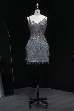 Modest Luxury Sequined Feather Sheath Homecoming Dress — view 36