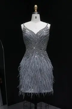 Modest Luxury Sequined Feather Sheath Homecoming Dress — view 37