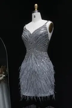 Modest Luxury Sequined Feather Sheath Homecoming Dress — view 38