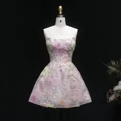 Pink Strapless 3D Floral Homecoming Dress with Sparkle Tulle — view 4