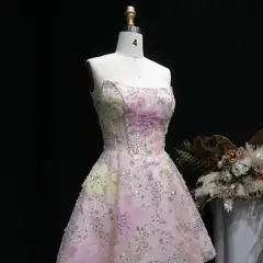 Pink Strapless 3D Floral Homecoming Dress with Sparkle Tulle — view 7