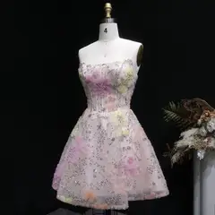 Pink Strapless 3D Floral Homecoming Dress with Sparkle Tulle — view 8