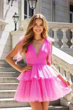 Hot Pink Tiered Tulle Fit-and-Flare Mini Homecoming Dress — view 2