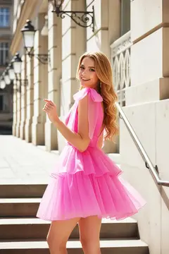 Hot Pink Tiered Tulle Fit-and-Flare Mini Homecoming Dress — view 3