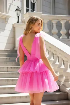 Hot Pink Tiered Tulle Fit-and-Flare Mini Homecoming Dress — view 4