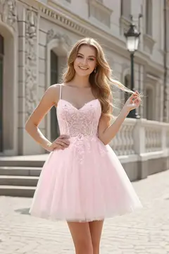 Blush Pink Tulle Beaded Ballgown Homecoming Dress — view 1