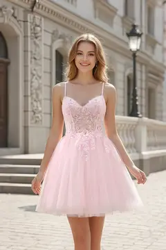 Blush Pink Tulle Beaded Ballgown Homecoming Dress — view 3