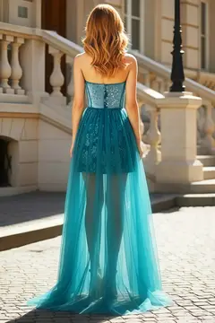 Turquoise High-Low Tulle Homecoming Dress — view 4