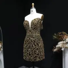 Off the Shoulder Gold Sequin Embellished Black Mini Party Homecoming Dress — view 4