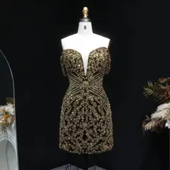 Off the Shoulder Gold Sequin Embellished Black Mini Party Homecoming Dress — view 5