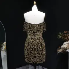 Off the Shoulder Gold Sequin Embellished Black Mini Party Homecoming Dress — view 7