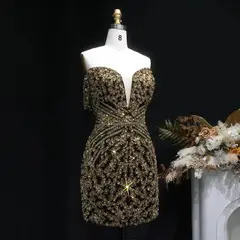 Off the Shoulder Gold Sequin Embellished Black Mini Party Homecoming Dress — view 9