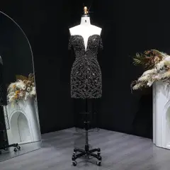 Off the Shoulder Gold Sequin Embellished Black Mini Party Homecoming Dress — view 13