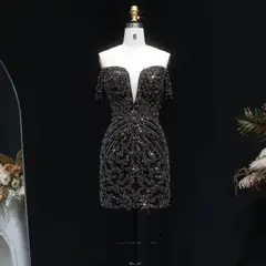 Off the Shoulder Gold Sequin Embellished Black Mini Party Homecoming Dress — view 14