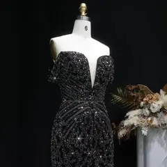 Off the Shoulder Gold Sequin Embellished Black Mini Party Homecoming Dress — view 16
