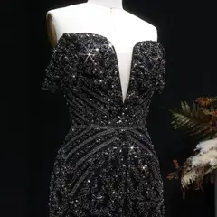 Off the Shoulder Gold Sequin Embellished Black Mini Party Homecoming Dress — view 18