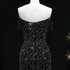 Off the Shoulder Gold Sequin Embellished Black Mini Party Homecoming Dress — view 21