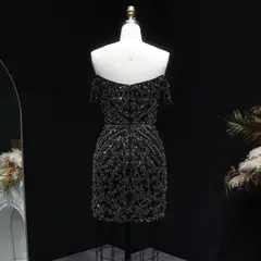 Off the Shoulder Gold Sequin Embellished Black Mini Party Homecoming Dress — view 22