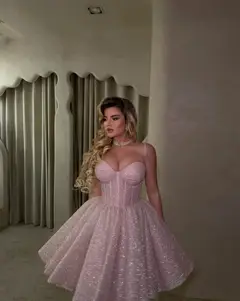 Pink Romantic Glitter Tulle Corset Spaghetti Strap Homecoming Dress — view 2