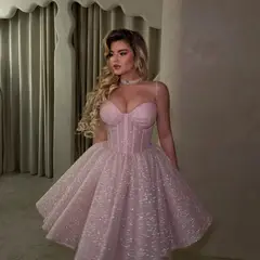Pink Romantic Glitter Tulle Corset Spaghetti Strap Homecoming Dress — view 3