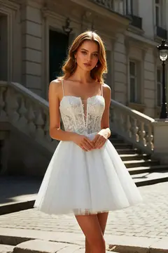 White Intricate Lace Tulle Mini Ballgown Homecoming Dress — view 1