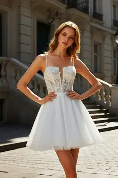 White Intricate Lace Tulle Mini Ballgown Homecoming Dress — view 2