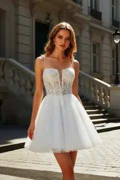 White Intricate Lace Tulle Mini Ballgown Homecoming Dress — view 3