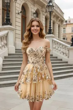 Champagne Sequin Tiered Ballgown Homecoming Dress — view 4