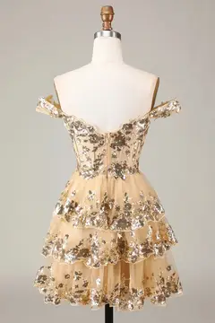 Champagne Sequin Tiered Ballgown Homecoming Dress — view 5