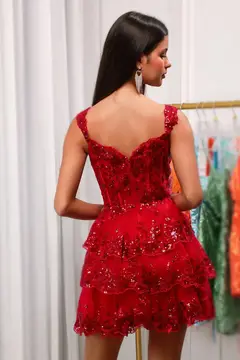 Champagne Sequin Tiered Ballgown Homecoming Dress — view 9
