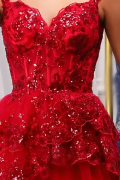 Champagne Sequin Tiered Ballgown Homecoming Dress — view 10