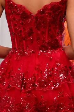 Champagne Sequin Tiered Ballgown Homecoming Dress — view 11