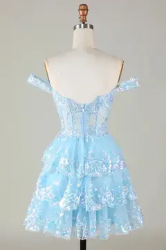 Champagne Sequin Tiered Ballgown Homecoming Dress — view 18